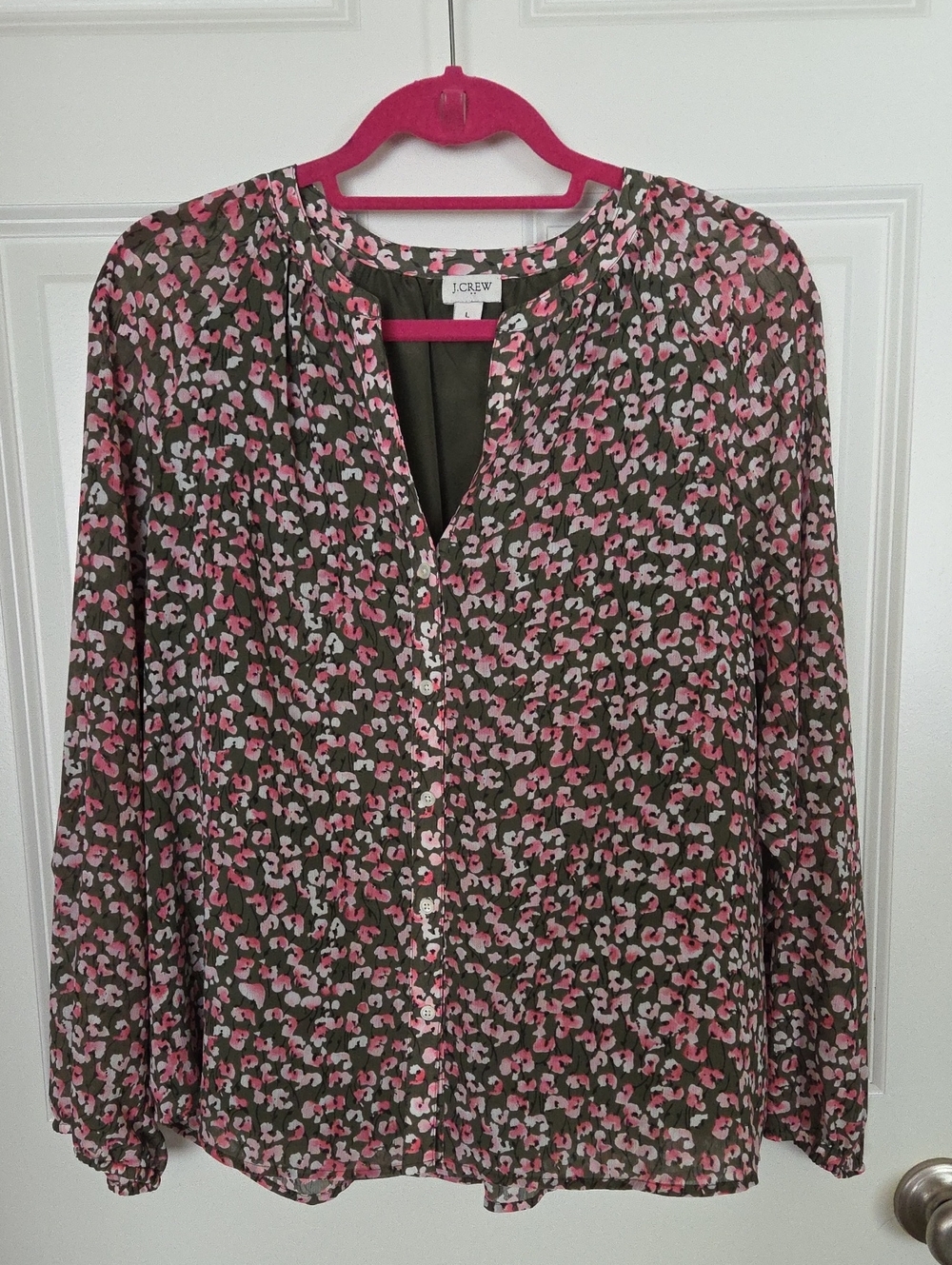 J. Crew Olive Blouse with Pink and Cream Floral Dots